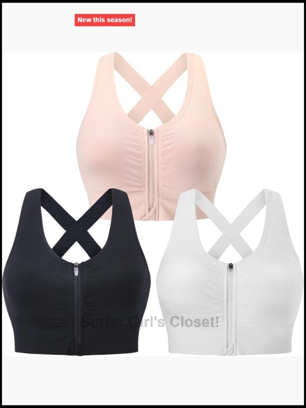 Zip Front Post-Surgery Bra Wireless Sports Bra Padded Strappy Medium Support